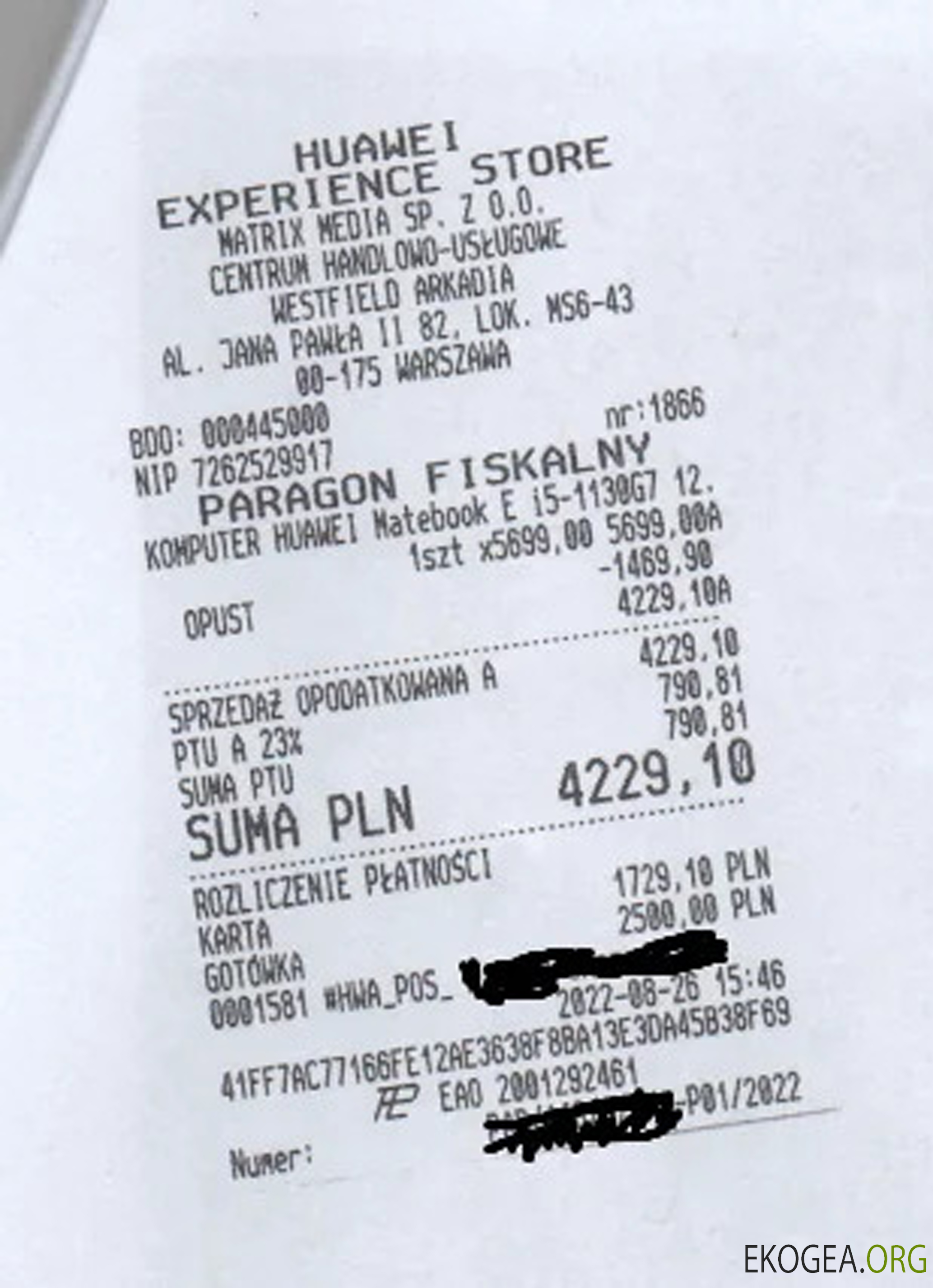 Chèque de paiement du magasin Huawei